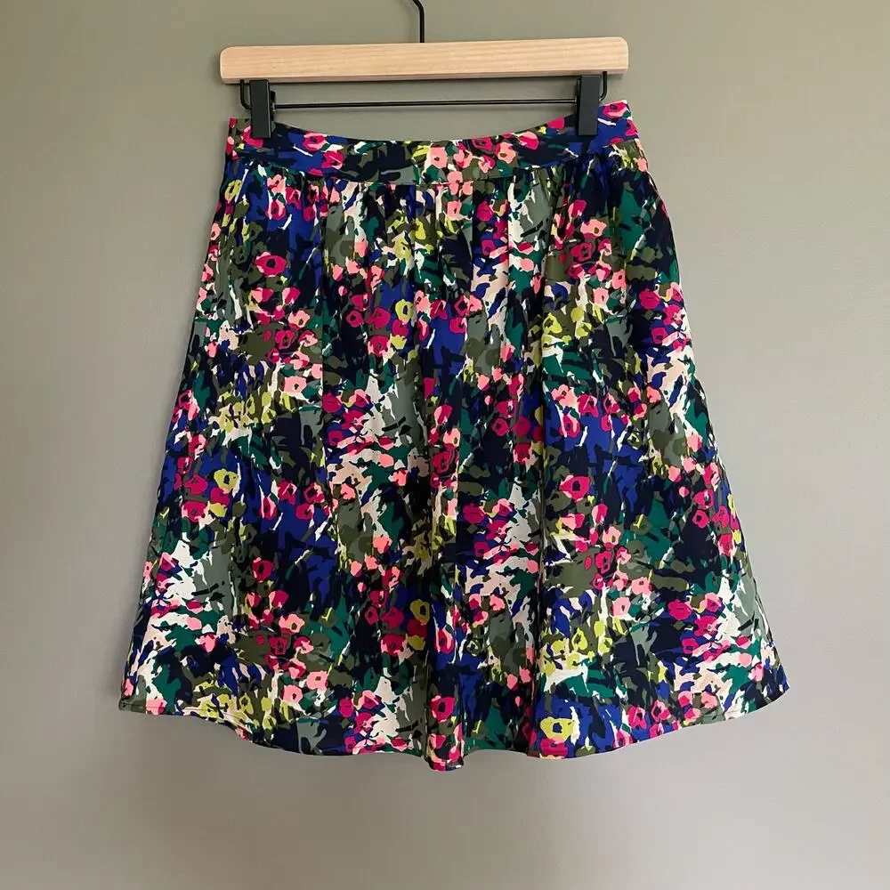J Crew Floral Skirt A-Line Size 2‎ Flowy Chiffon Blue Pink Green White Colorful